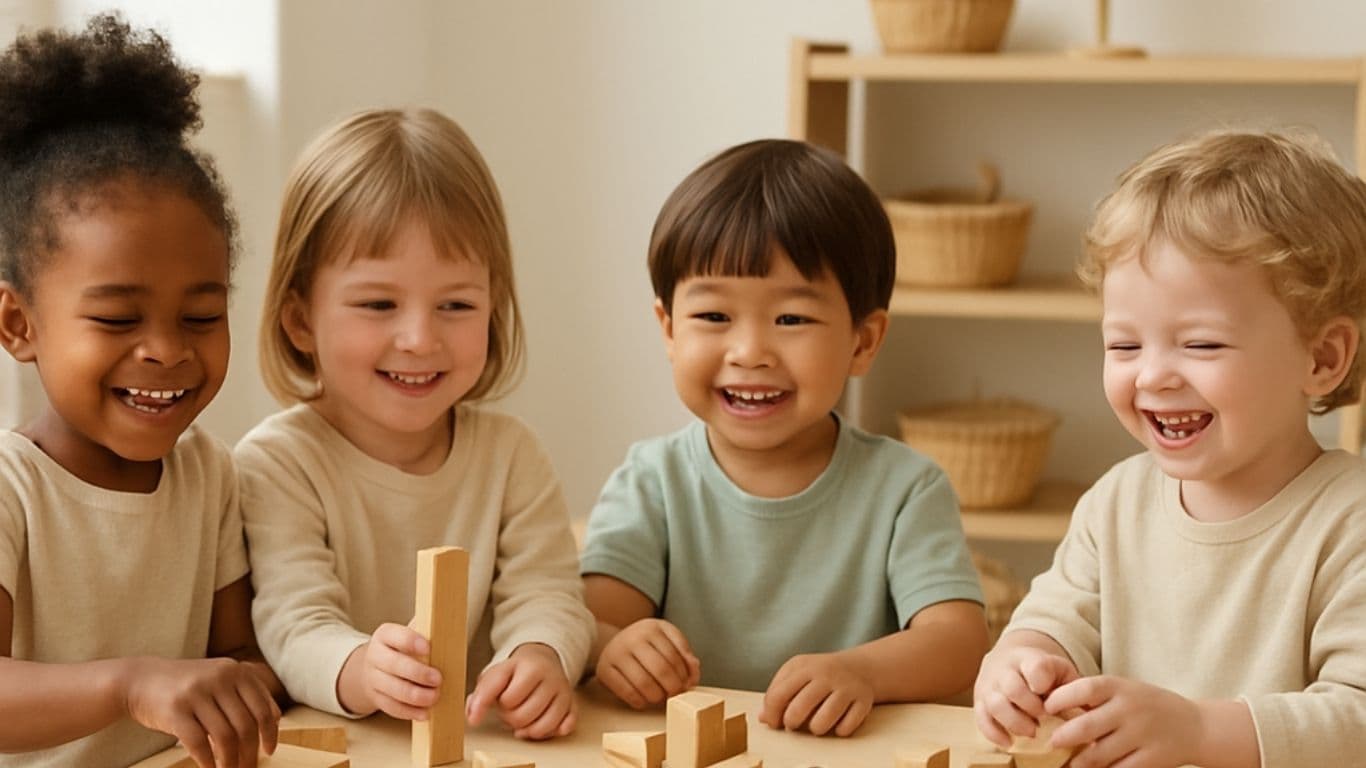 Children happily playing with wooden toys in a bright daycare classroom